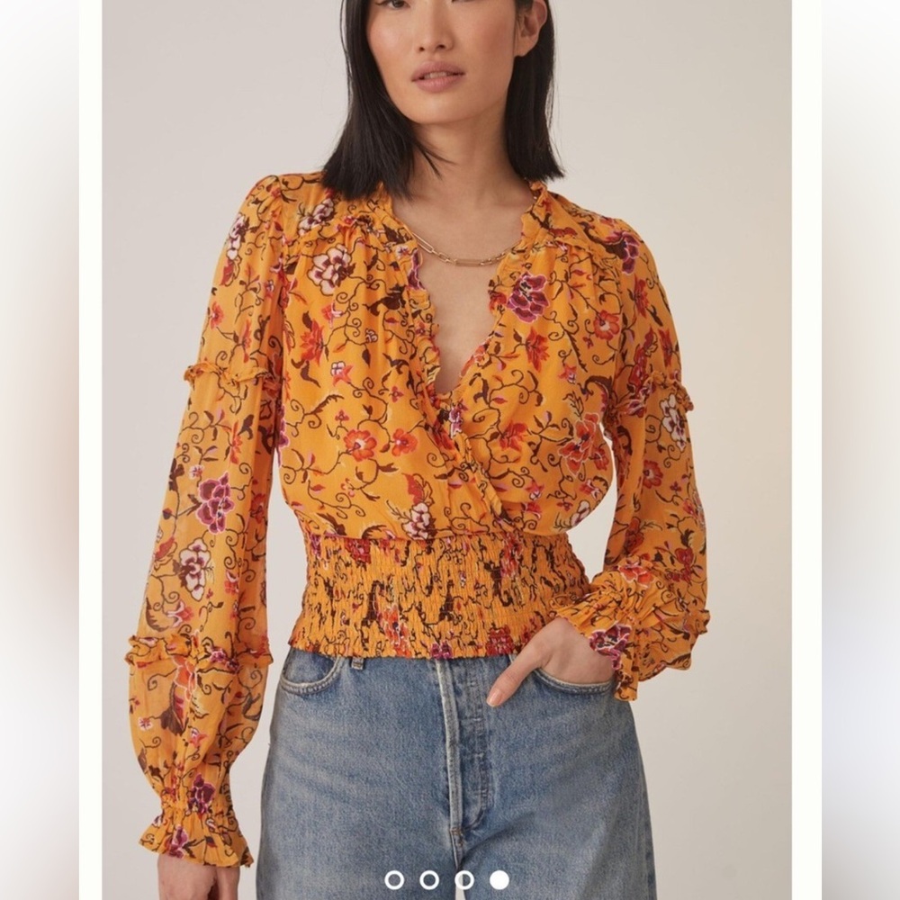 Anthropologie Printed Ruffle Blouse Golden Floral Print - Picture 6 of 7